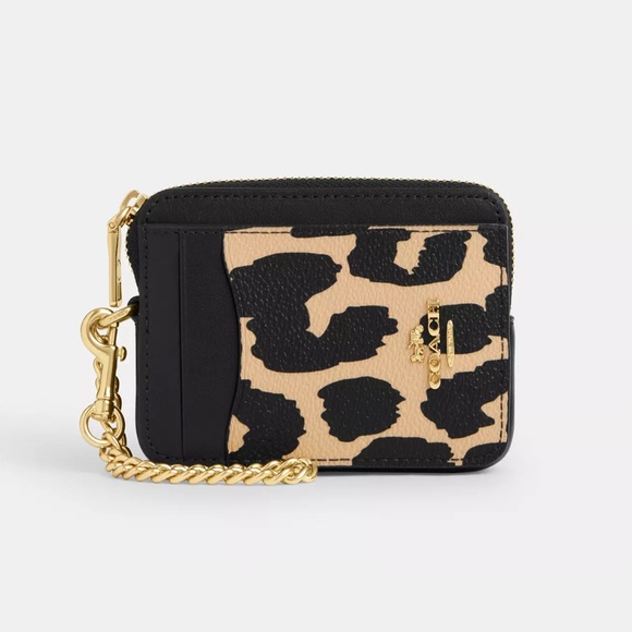 New Coach Zip Card Case With Leopard Print Style CW884 in Black & Tan - Picture 1 of 10
